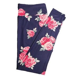 NWT LuLaRoe Pink Roses Floral Pattern Navy Background Leggings Size TC (12-18)